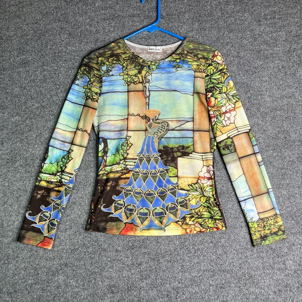 Vintage Y2K Wet Seal Mesh Baby Top Large Studded Peacock All Over Print